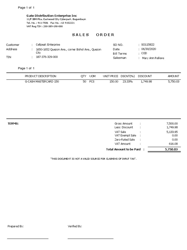 Sales Order Gate Distribution Enterprise Inc PDF