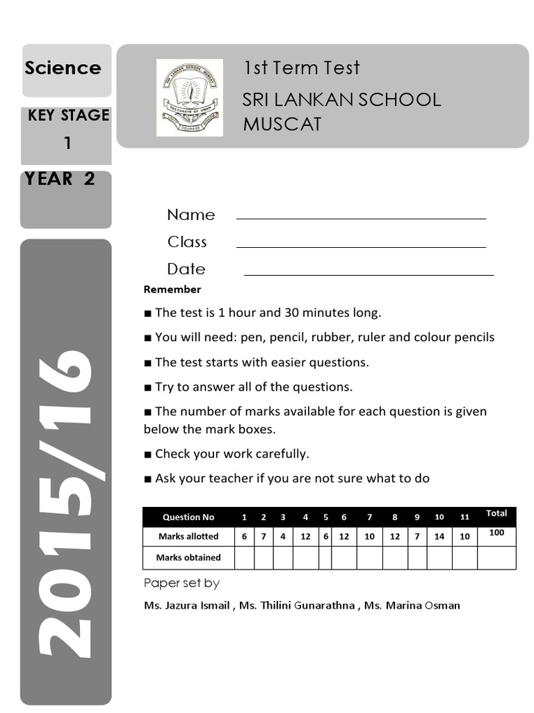 Science: 1st Term Test Sri Lankan School Muscat | PDF | Grassland | Weather