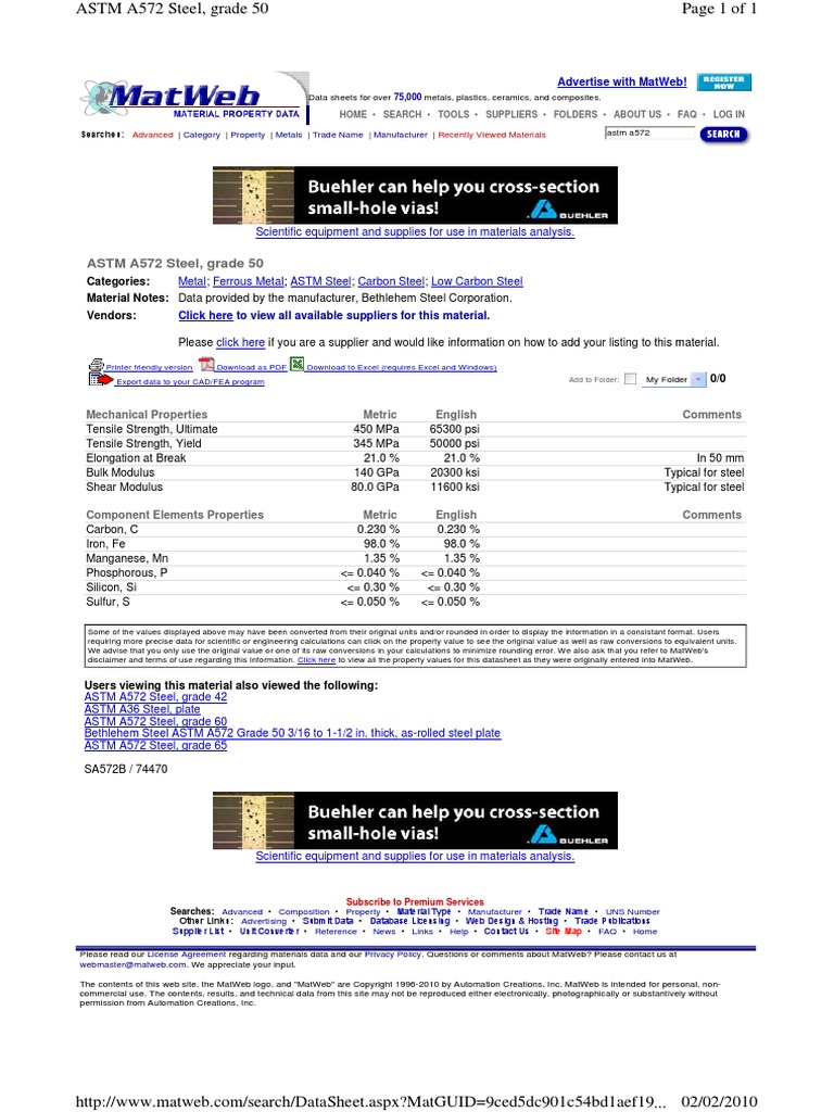 Astm A572 Steel, Grade 50 Advertise With Matweb! PDF Steel