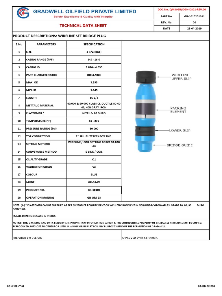 Wireline Set Bridge Plug Specifications | PDF | Chemistry | Building ...
