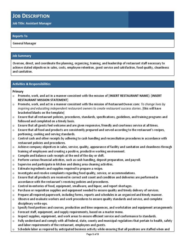 OB Escription: Job Title: Assistant Manager | PDF