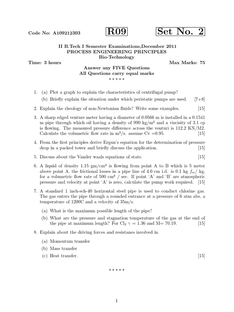 B.Tech Process Engineering Exam | PDF | Flow Measurement | Pressure