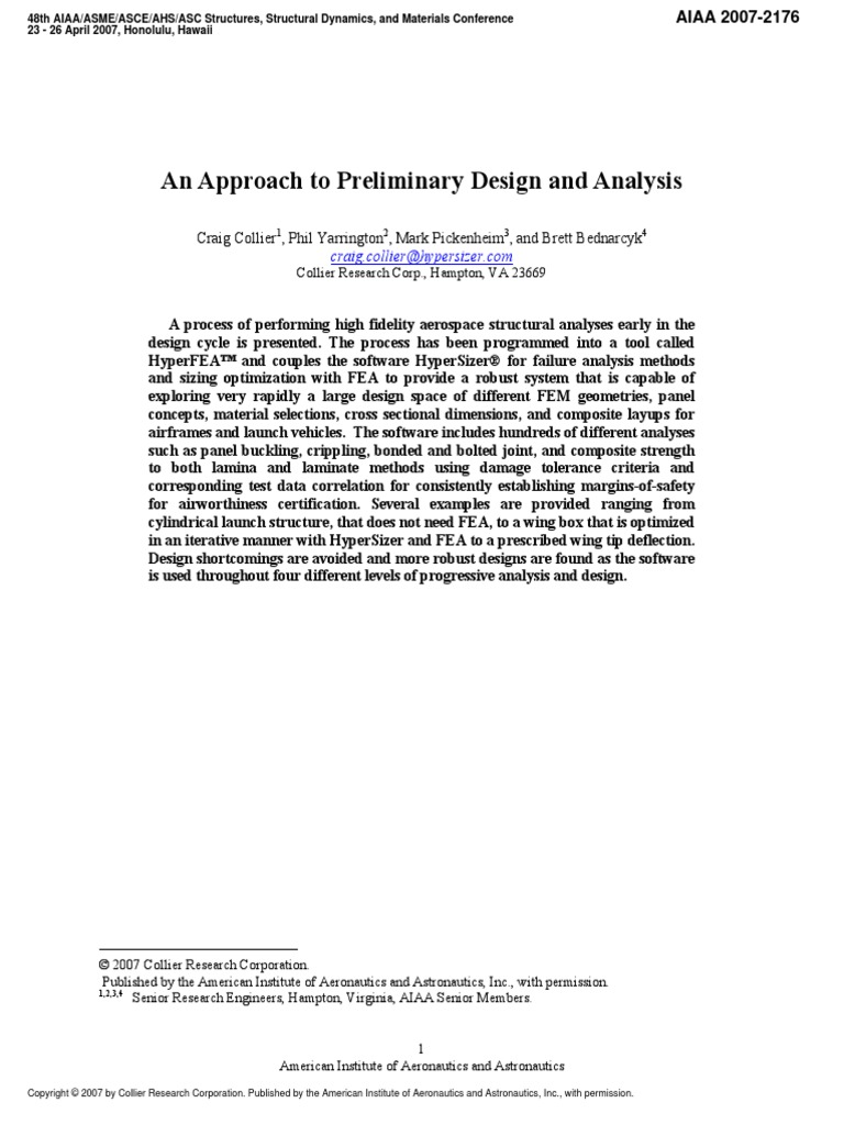 An Approach To Preliminary Design and Analysis: Craig Collier, Phil ...