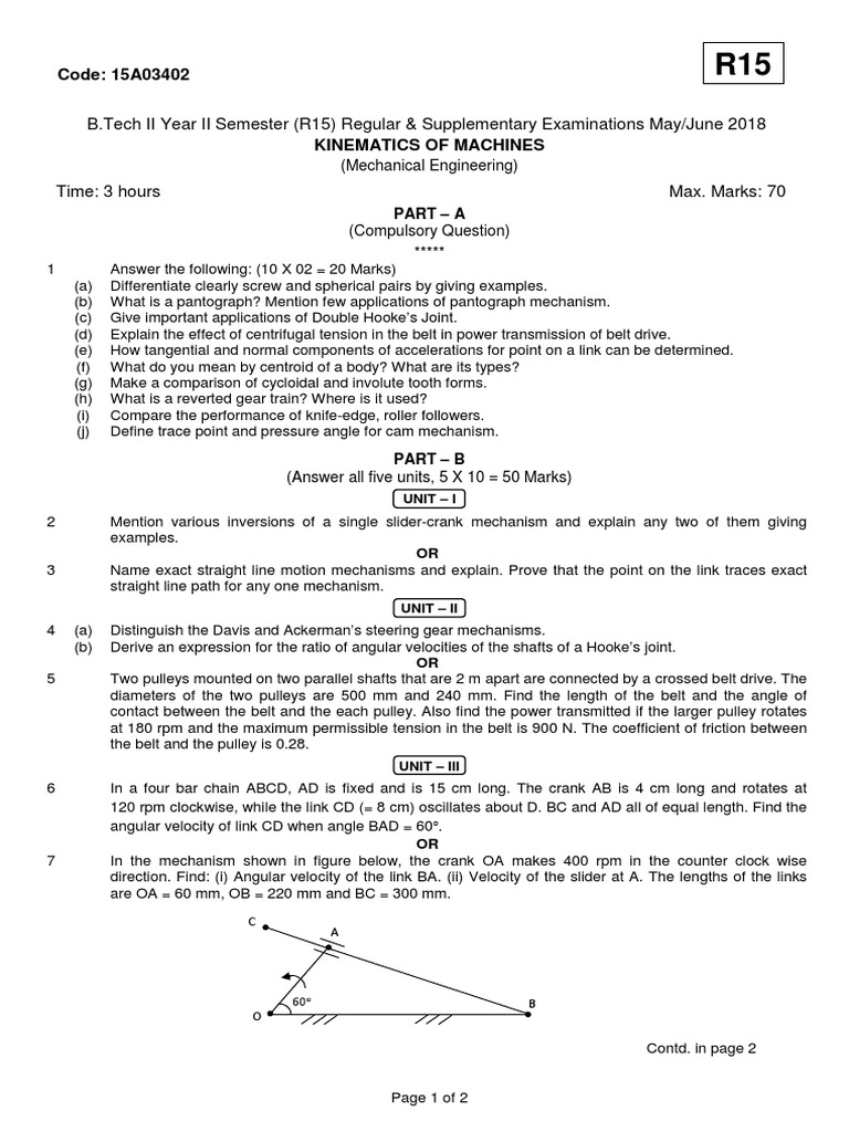 Kinematics of Machines Exam Paper 2018 | PDF | Belt (Mechanical) | Gear