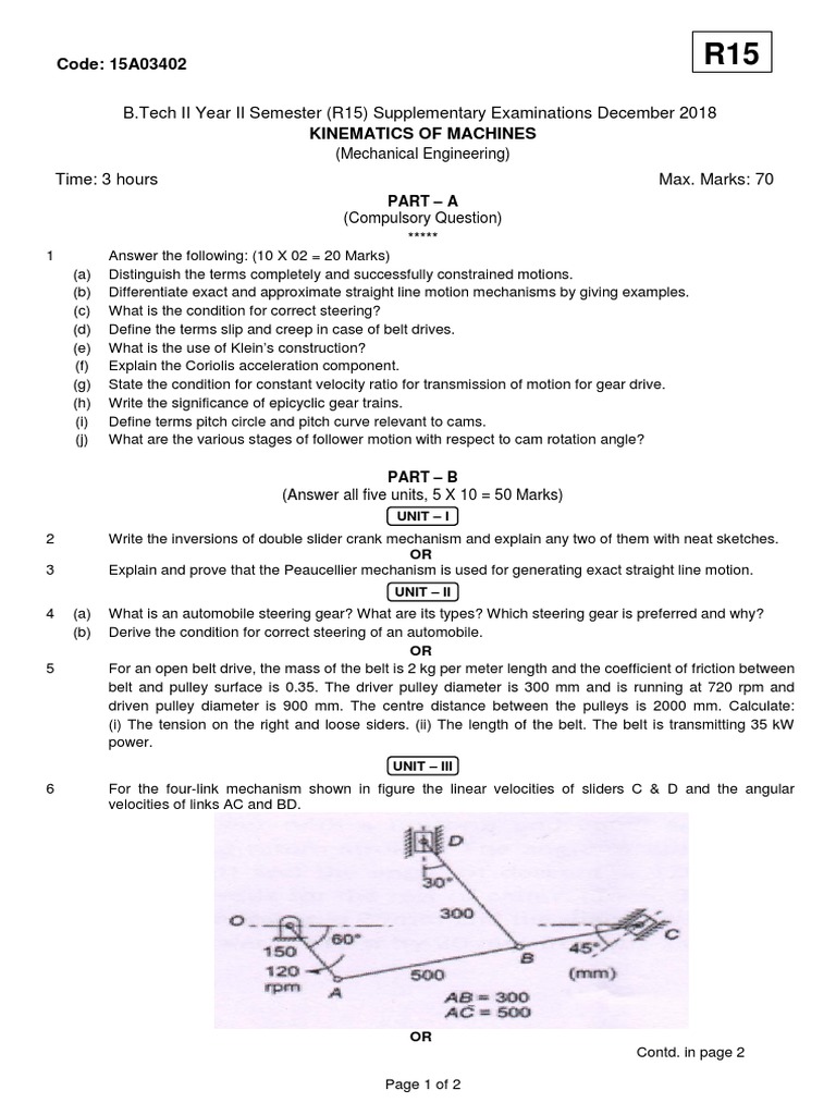 Kinematics of Machines Exam Paper 2018 | PDF | Gear | Belt (Mechanical)