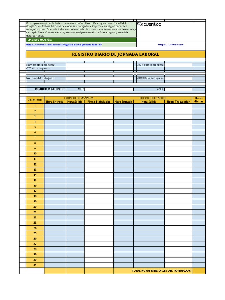 Registro De Jornada Control del horario de los empleados: Cuaderno de  registro de tiempo de trabajo para empleadores, empleados, pequeñas  empresas y