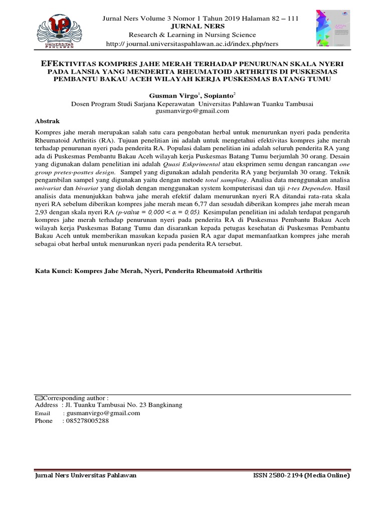 Efektivitas Kompres Jahe Merah Terhadap Penurunan Skala Nyeri | PDF