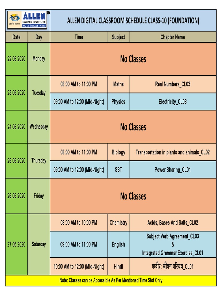 No Classes: Allen Digital Classroom Schedule Class 10 (Foundation) | PDF