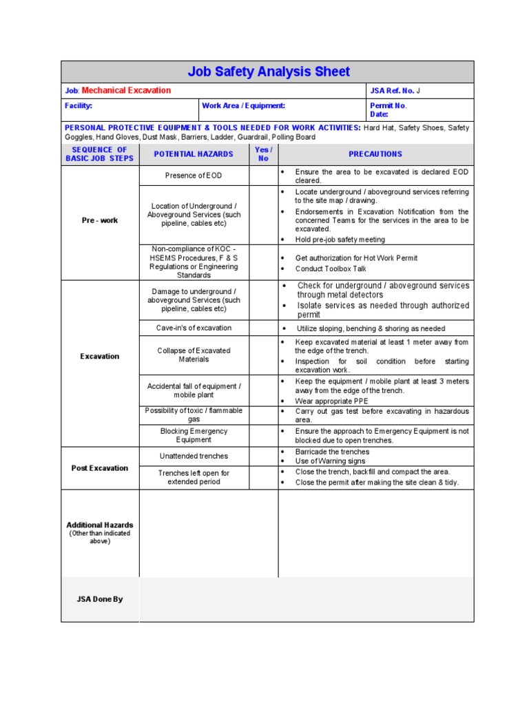JSA MechanicalExcavation PDF PDF Personal Protective Equipment Excavation (Archaeology)
