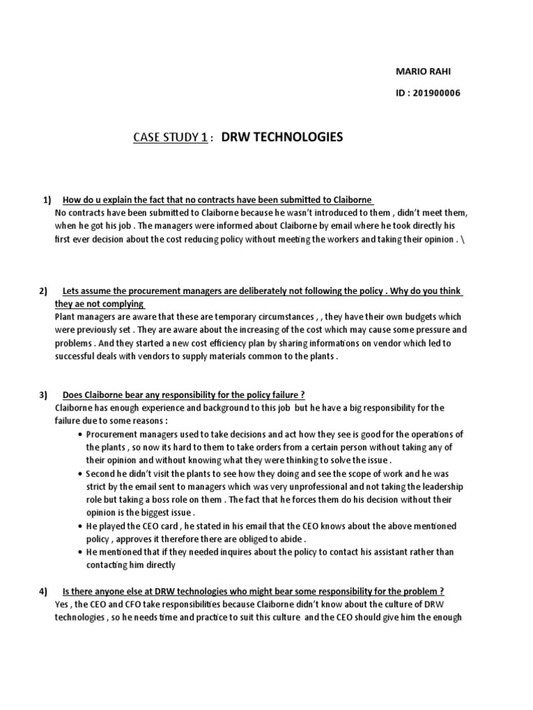 DRW Technologies: Case Study 1 | PDF | Chief Financial Officer | Economies