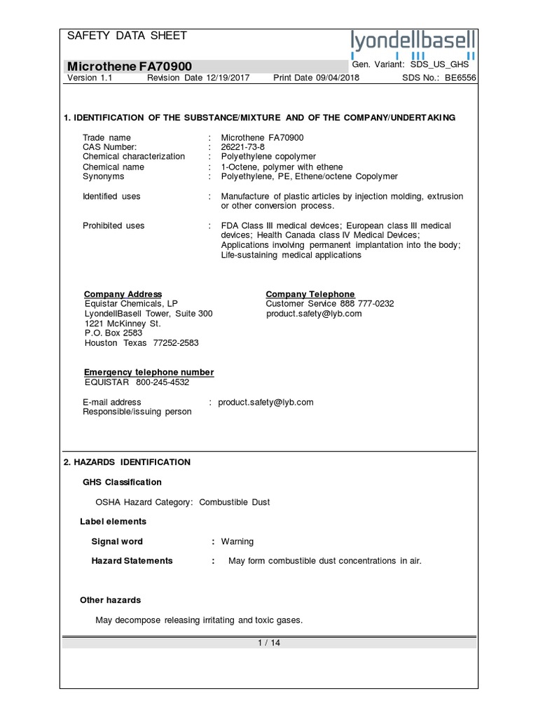 Microthene FA70900 SDS PDF | PDF | Personal Protective Equipment ...