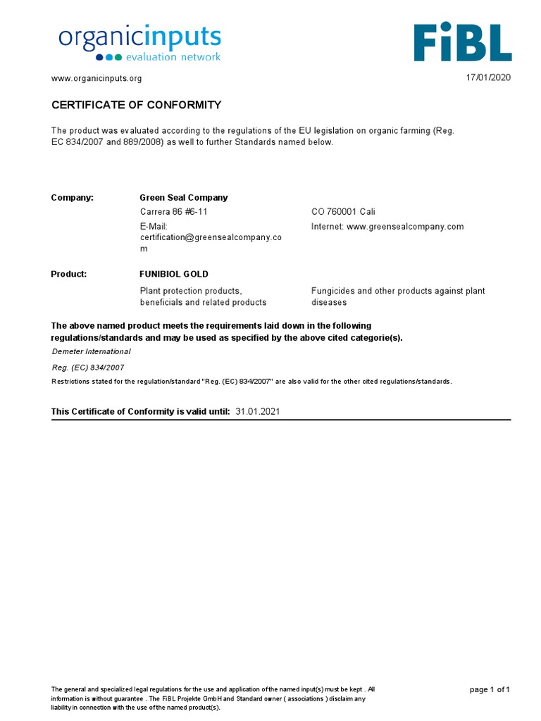 FUNIBIOL GOLD Certificate of Conformity | PDF