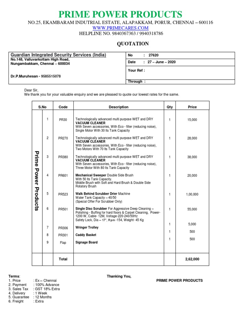 Prime Power Products Quotation | PDF | Vacuum Cleaner | Equipment