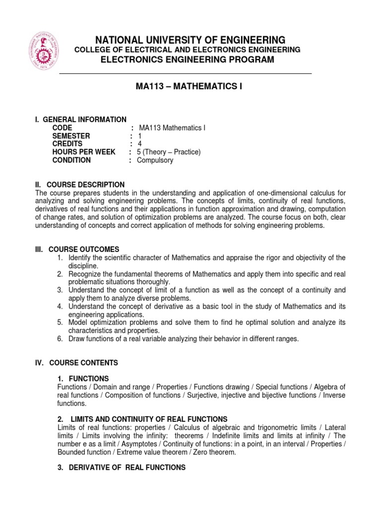 Mathematics I Course Overview | PDF | Function (Mathematics) | Derivative