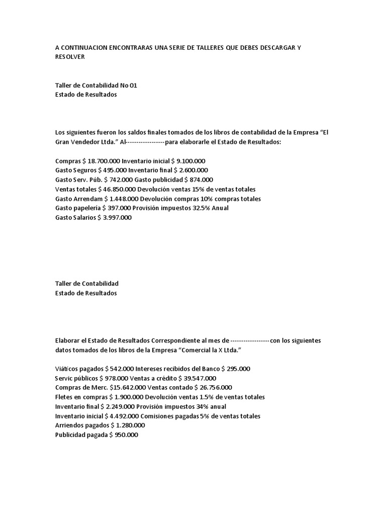 Talleres de Contabilidad y Estados Financieros | PDF | Estado de ...