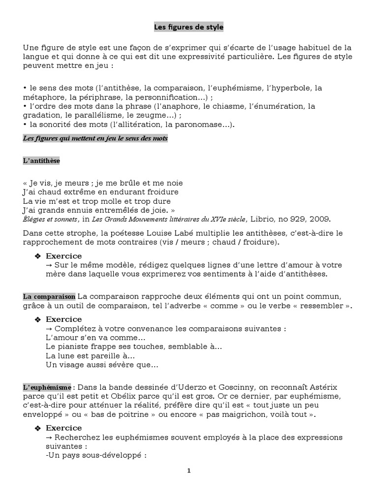 Exercice Sur Les Figures De Style 3e Les Figures de Style Cours Et Exercices | PDF | Métaphore | Mécanismes de  la poésie