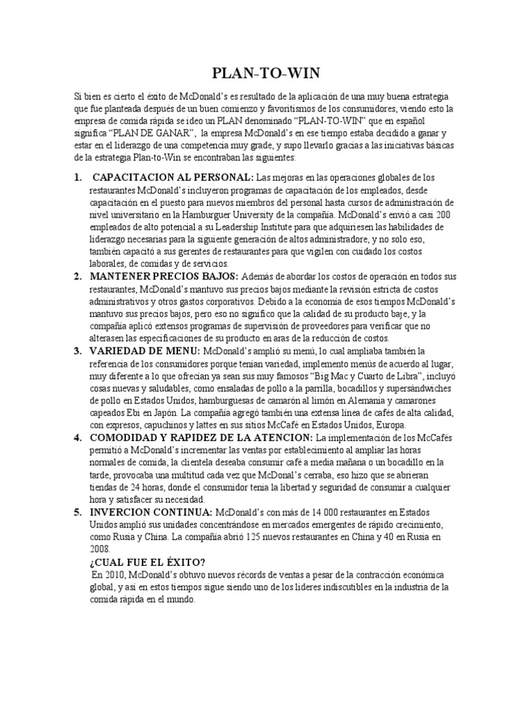 Plan To Win | PDF | Mc Donald's | Economias