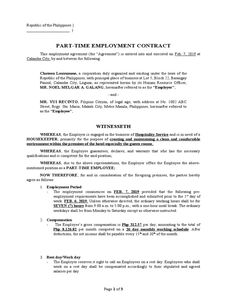 Part-Time Employment Contract: Witnesseth | PDF | Working Time | Overtime