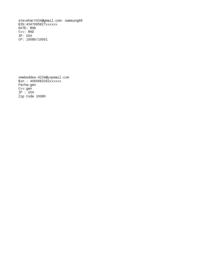 BIN:4347695827xxxxxx Date: RND CVV: RND Ip: Usa CP: 10080/10001 | PDF