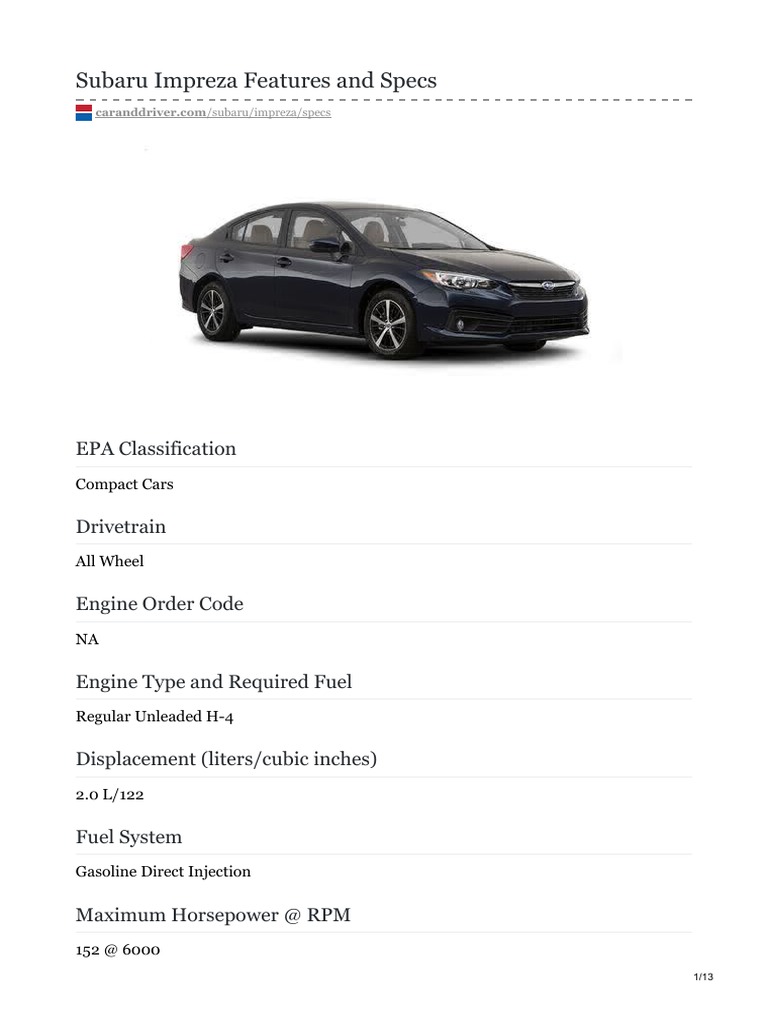 Subaru Impreza Features and Specs Overview | PDF | Transmission ...
