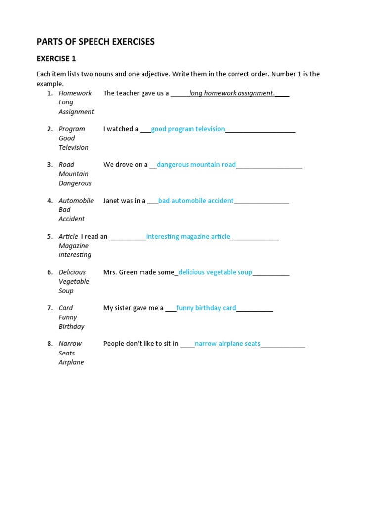 Parts of Speech Exercises with Answers | PDF | Part Of Speech ...