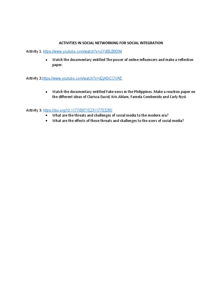 Social Networking Activities for Integration | PDF
