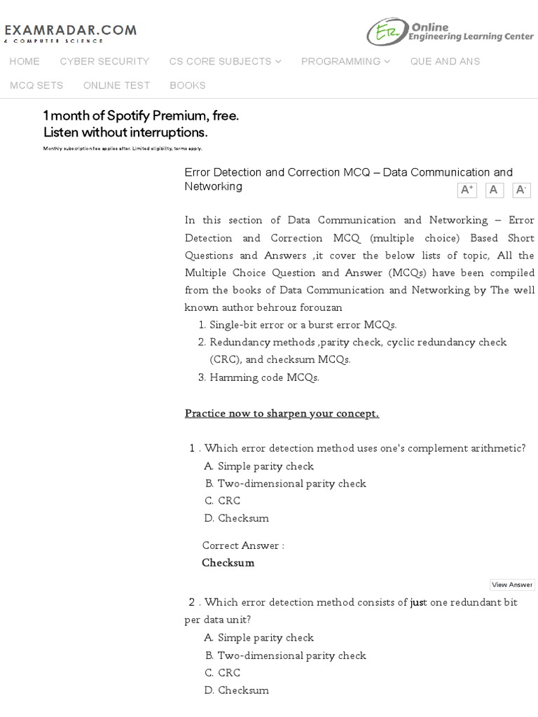 Error Detection and Correction MCQ Data Communication and Networking