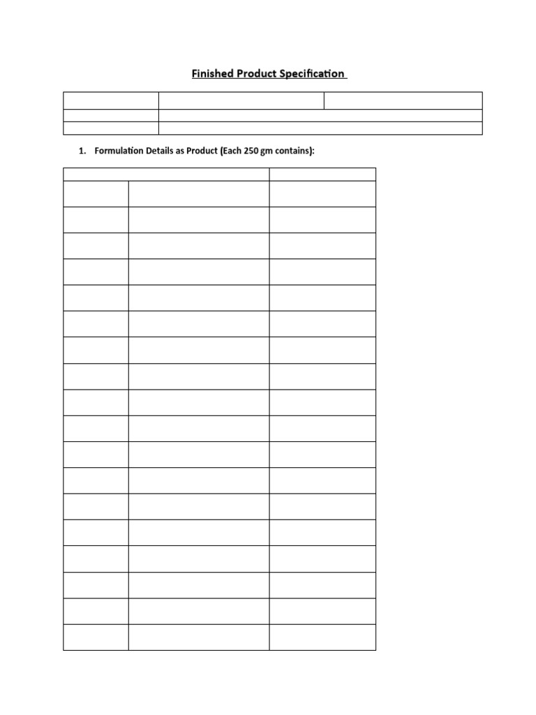 Finished Product Specification: 1. Formulation Details As Product (Each ...