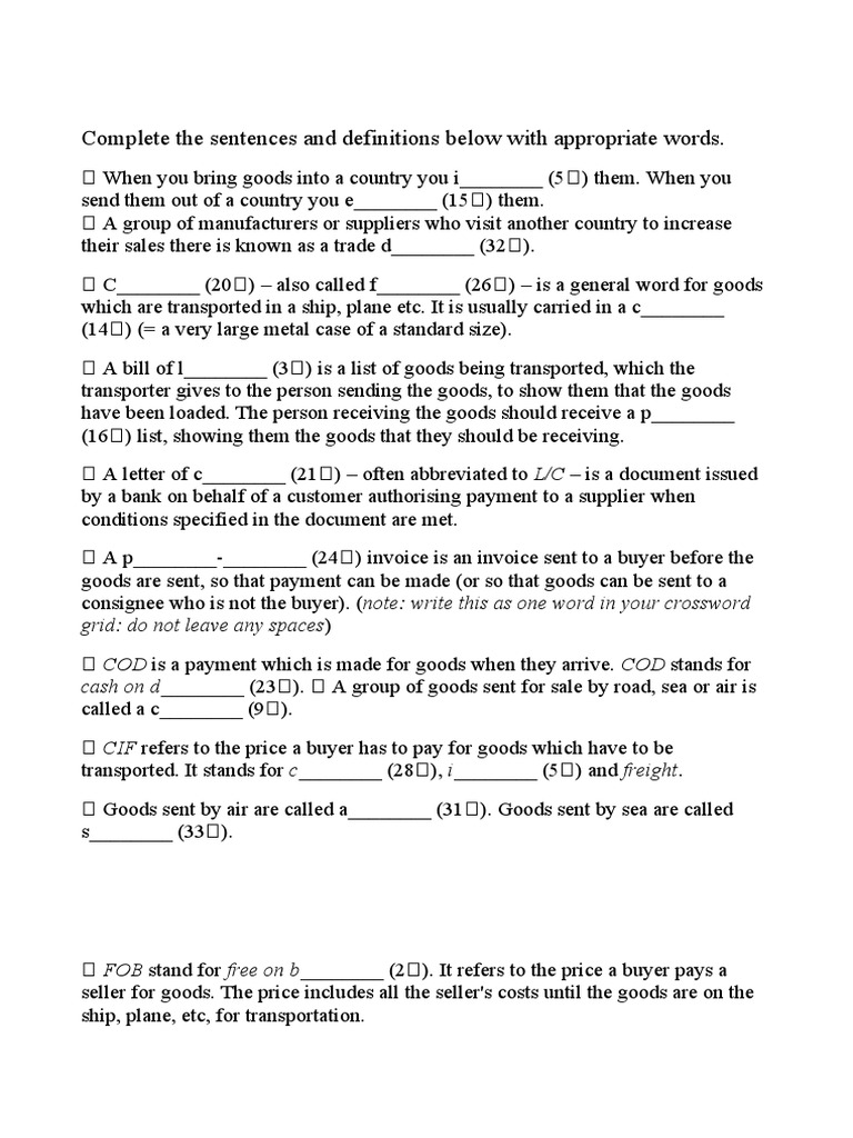 Complete The Sentences TRADE PDF Microeconomics Trade