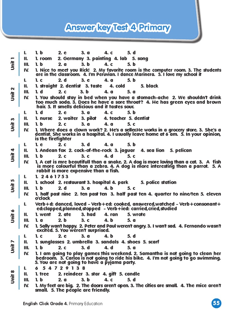 Answer Key Test 4 Primary: English Click Grade 4. Primary Education ...
