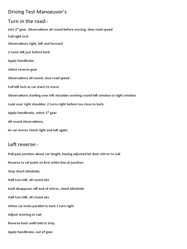 Driving Test Manoeuver's Turn in The Road | PDF