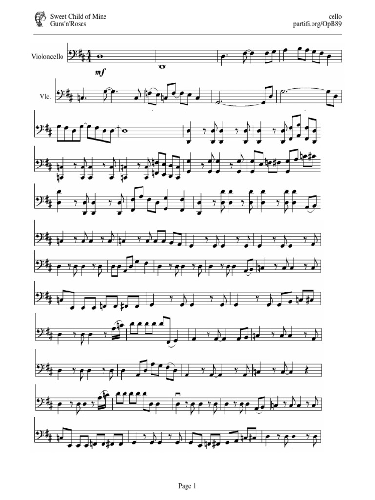 GunsesRoses Sweet Child of Mine - Cello | PDF