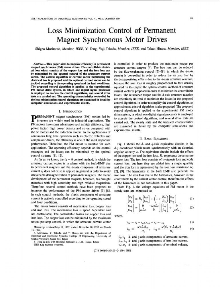 Loss Minimization Control of Permanent Synchronous Motor PDF Electric Motor