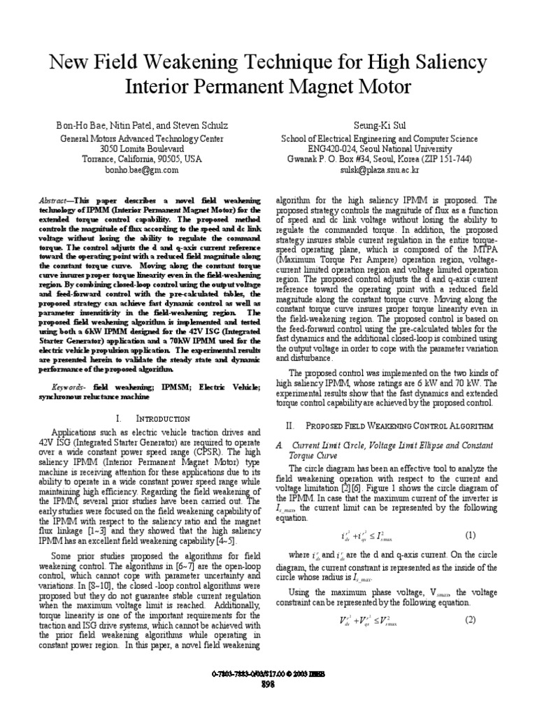 New Field Weakening Technique For High Saliency Interior Permanent Motor PDF Electric