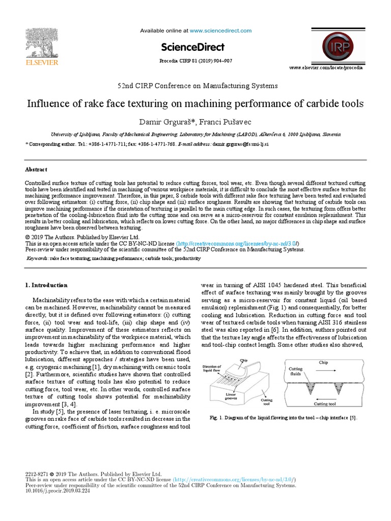 Influence of Rake Face Texturing On Machining Performance of Carbide ...