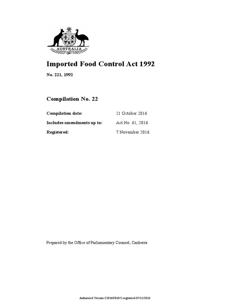 Imported Food Control Act 1992 Compilation | PDF | Customs | Food Safety