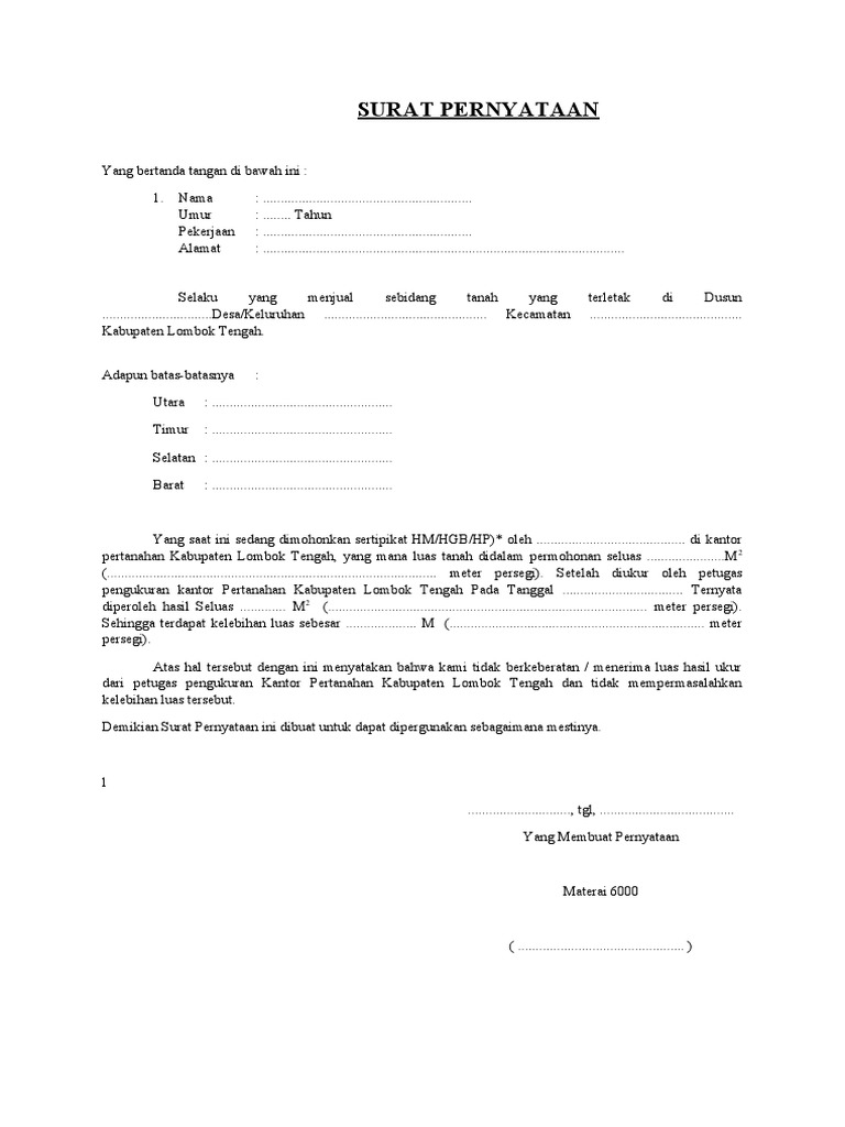 Surat Pernyataan Kelebihan Tanah