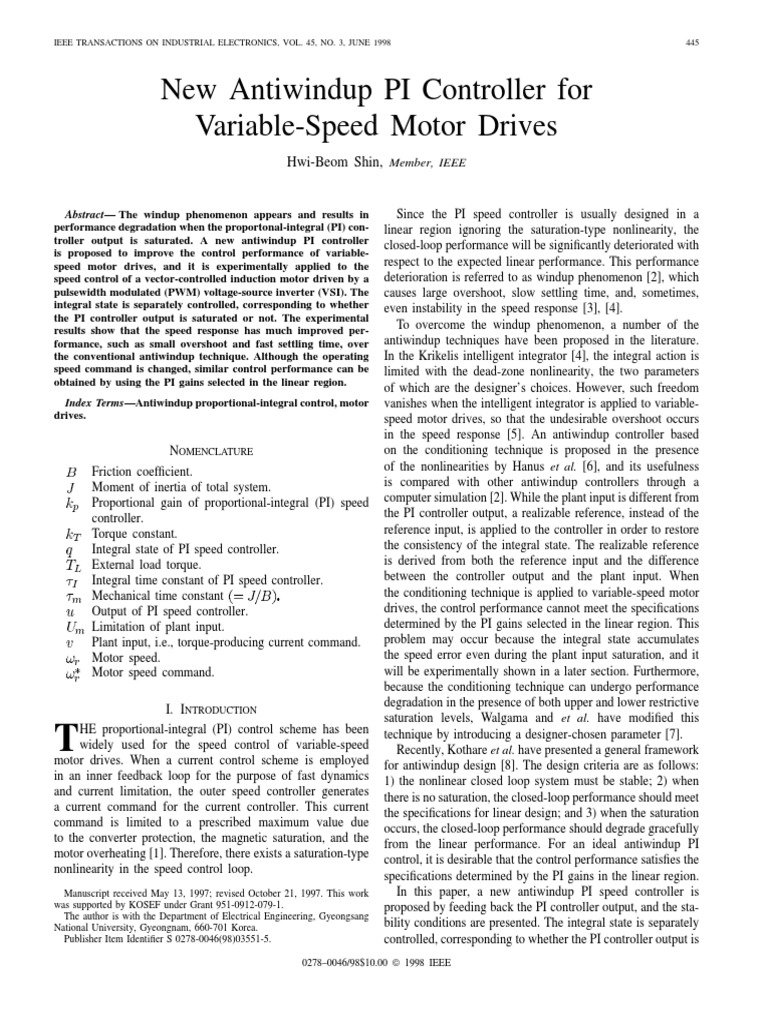 New Antiwindup PI Controller For Variable-Speed Motor Drives | PDF ...