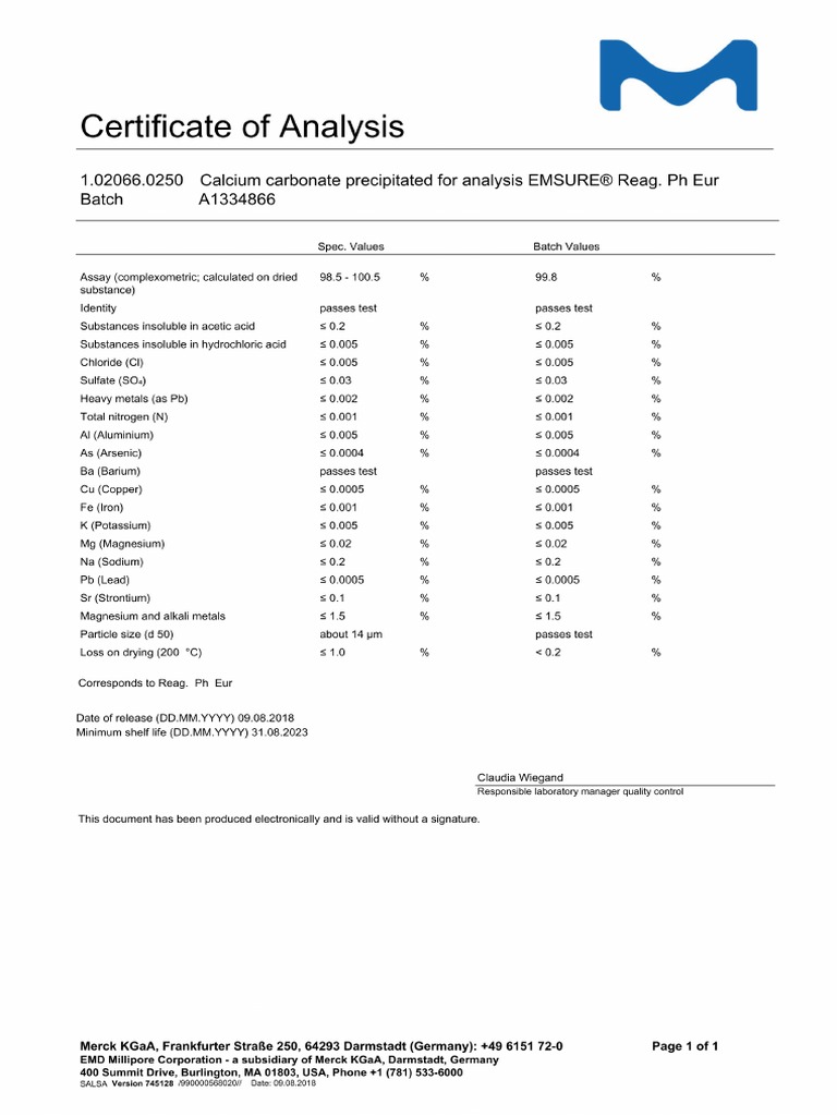 Certificado de Analisis Carbonato de Calcio | PDF