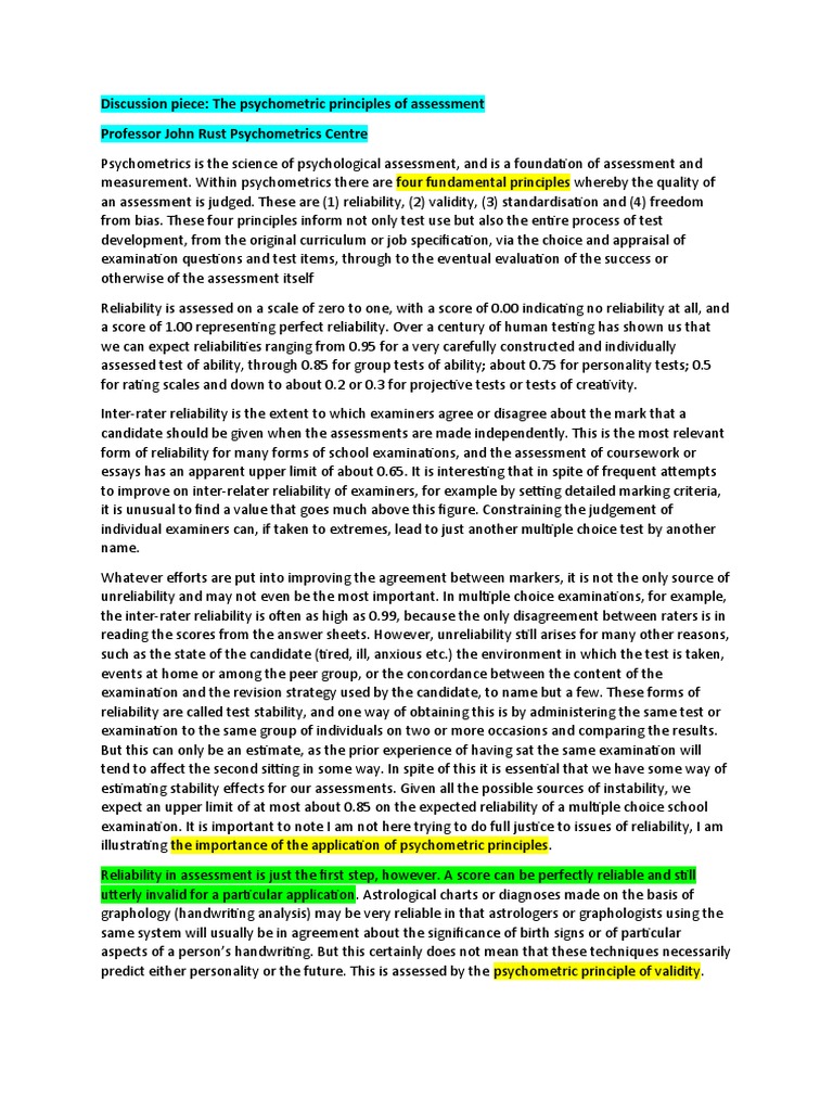Discussion Piece: The Psychometric Principles of Assessment Professor ...