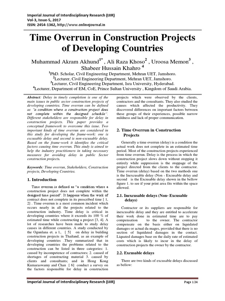 Time Overrun in Construction Projects of PDF PDF Project Management