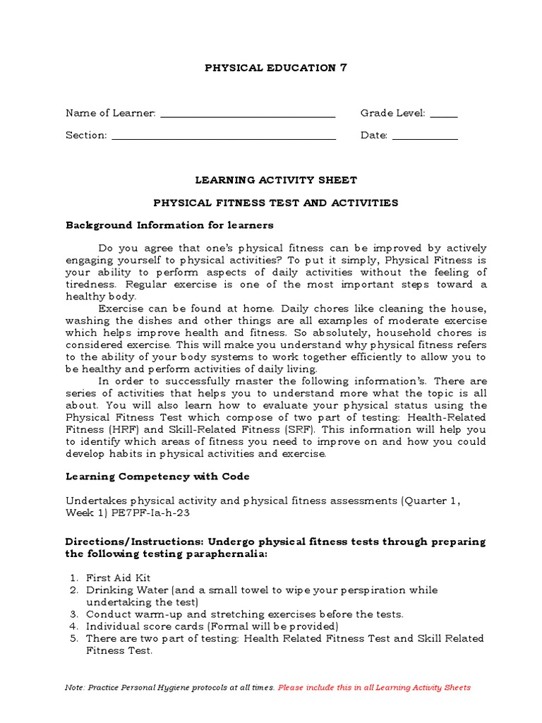 Physical Fitness Test Guide | PDF | Human Body | Sports