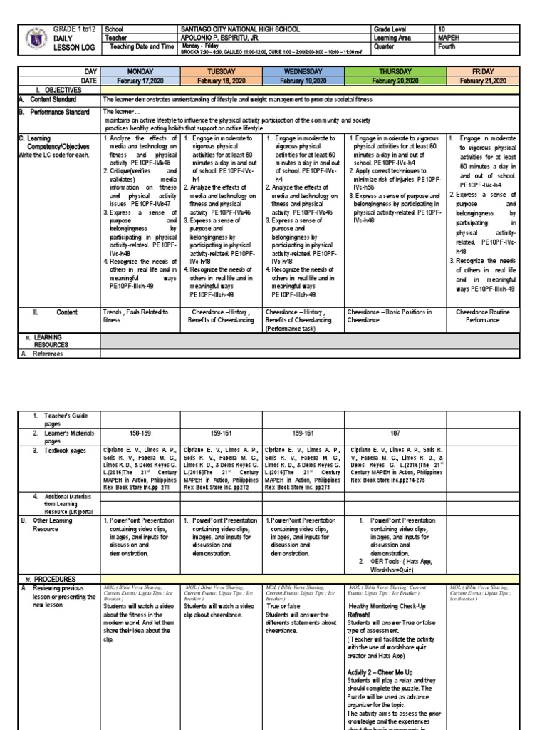 GRADE 1 To12 Daily Lesson Log: Monday - Friday | PDF | Learning | Teachers