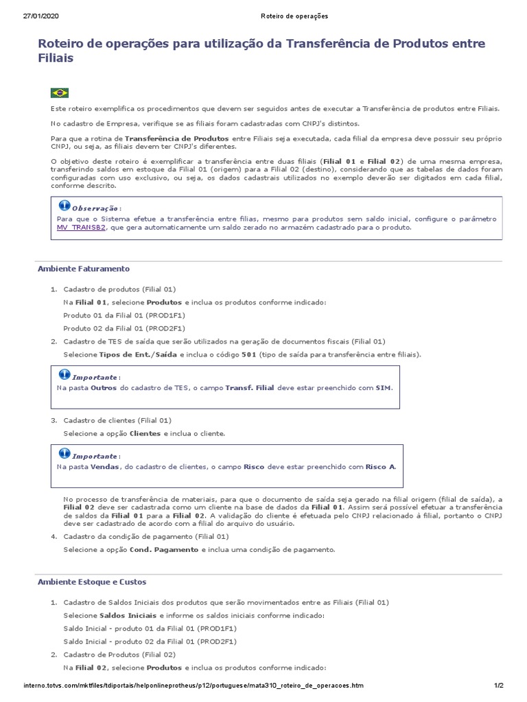 Procedimentos para transferência de produtos entre filiais | PDF ...