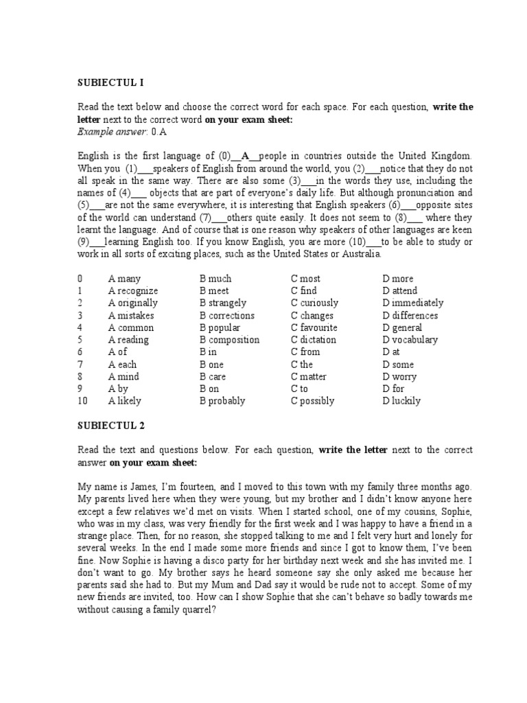 Model Test Admitere Bilingv Engleza | PDF | English Language ...