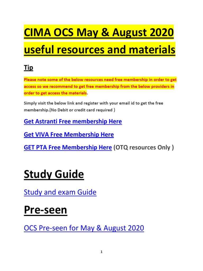 CIMA OCS Resources for May/August 2020 | PDF | Case Study | Test ...