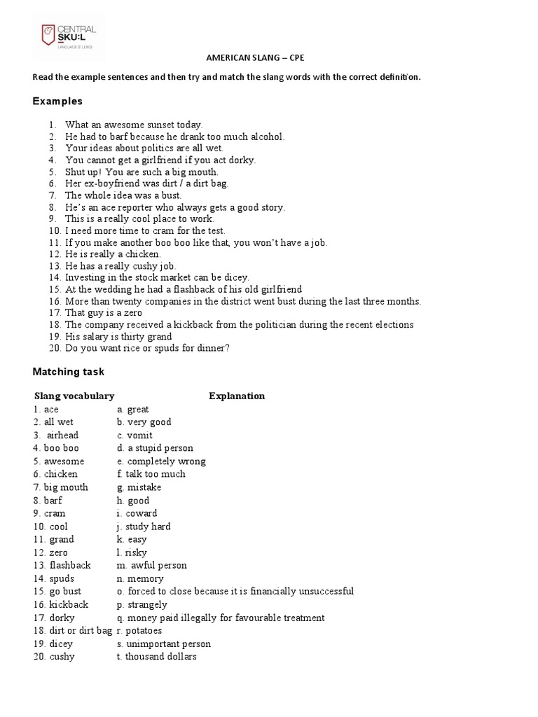 American Slang Matching Exercise PDF