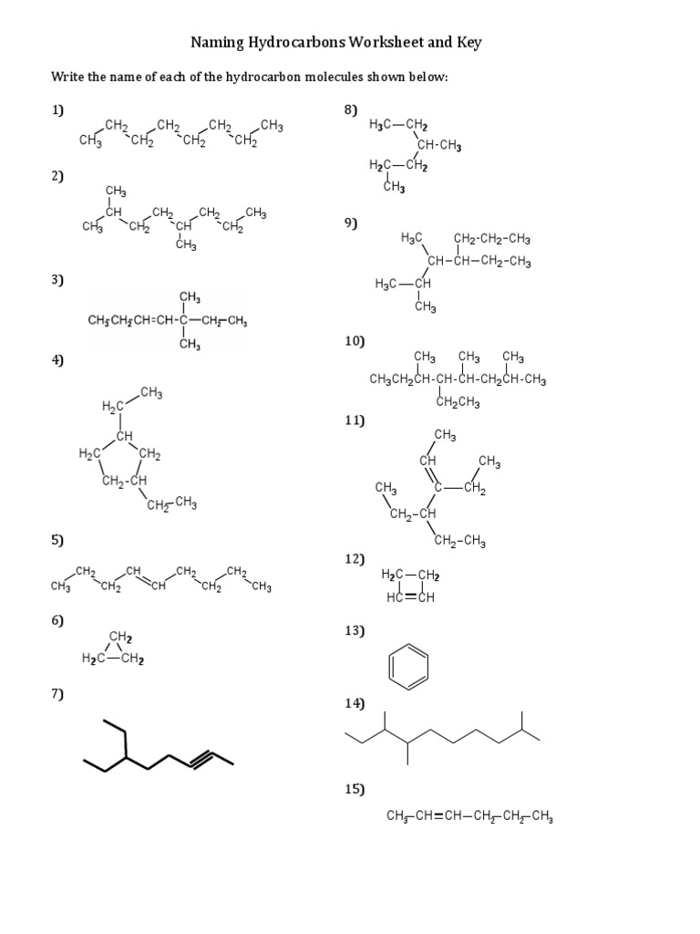 Naming Hydrocarbons Worksheet and Key: Write The Name of Each of The  Hydrocarbon Molecules Shown Below: 1) 8) | PDF | Organic Compounds |  Molecules