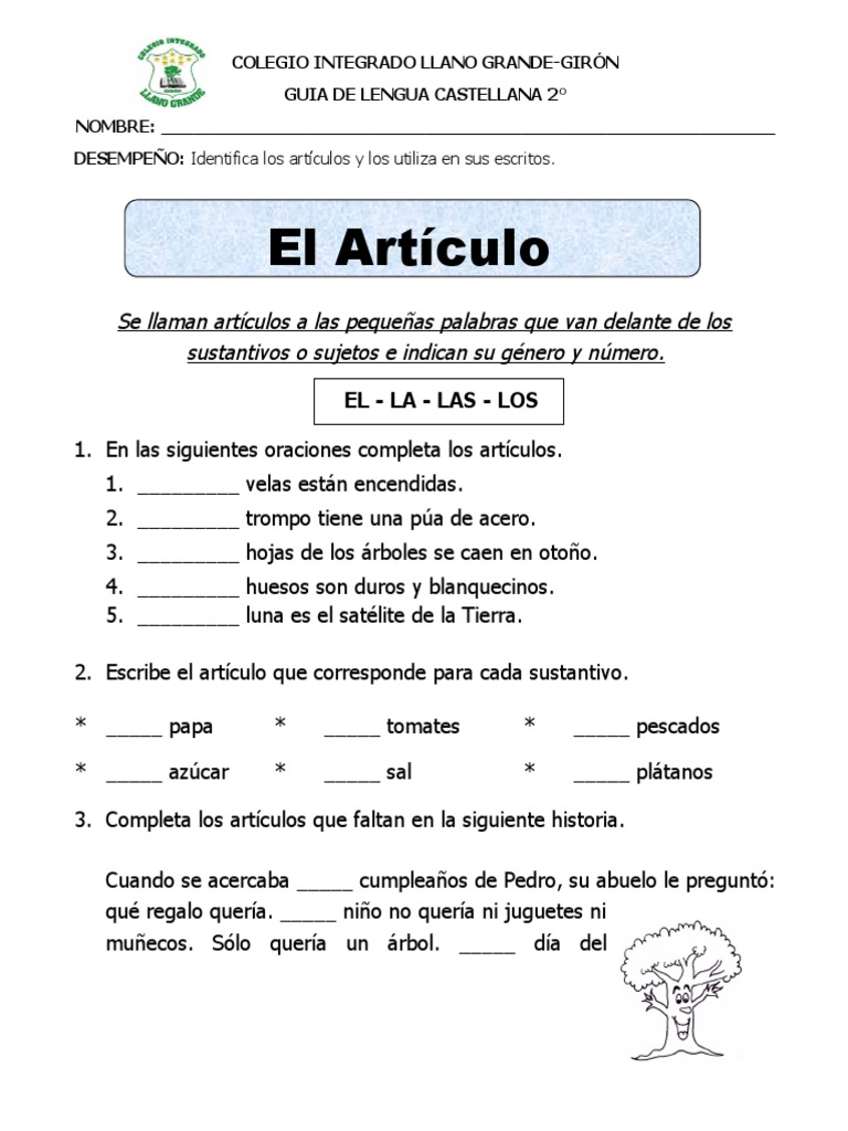 Guía de Artículos en Español 2° grado | PDF | Artes del Lenguaje y ...