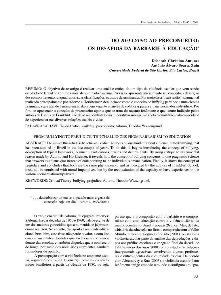 Do Bullying Ao Preconceito - Os Desafios Da Barbárie À Educação ...